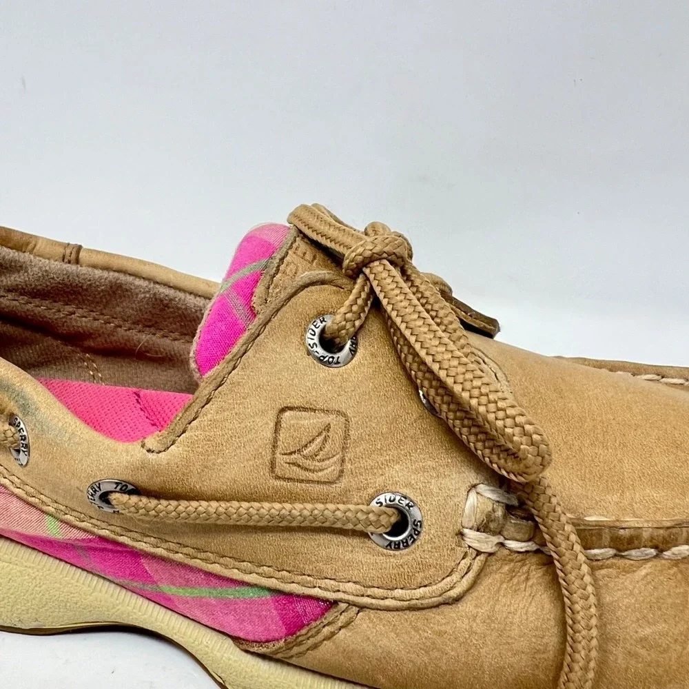 Sperry Womens‎ Plaid Tan Pink Green Leather Boat Deck Shoes Size 6M Preppy Girl
